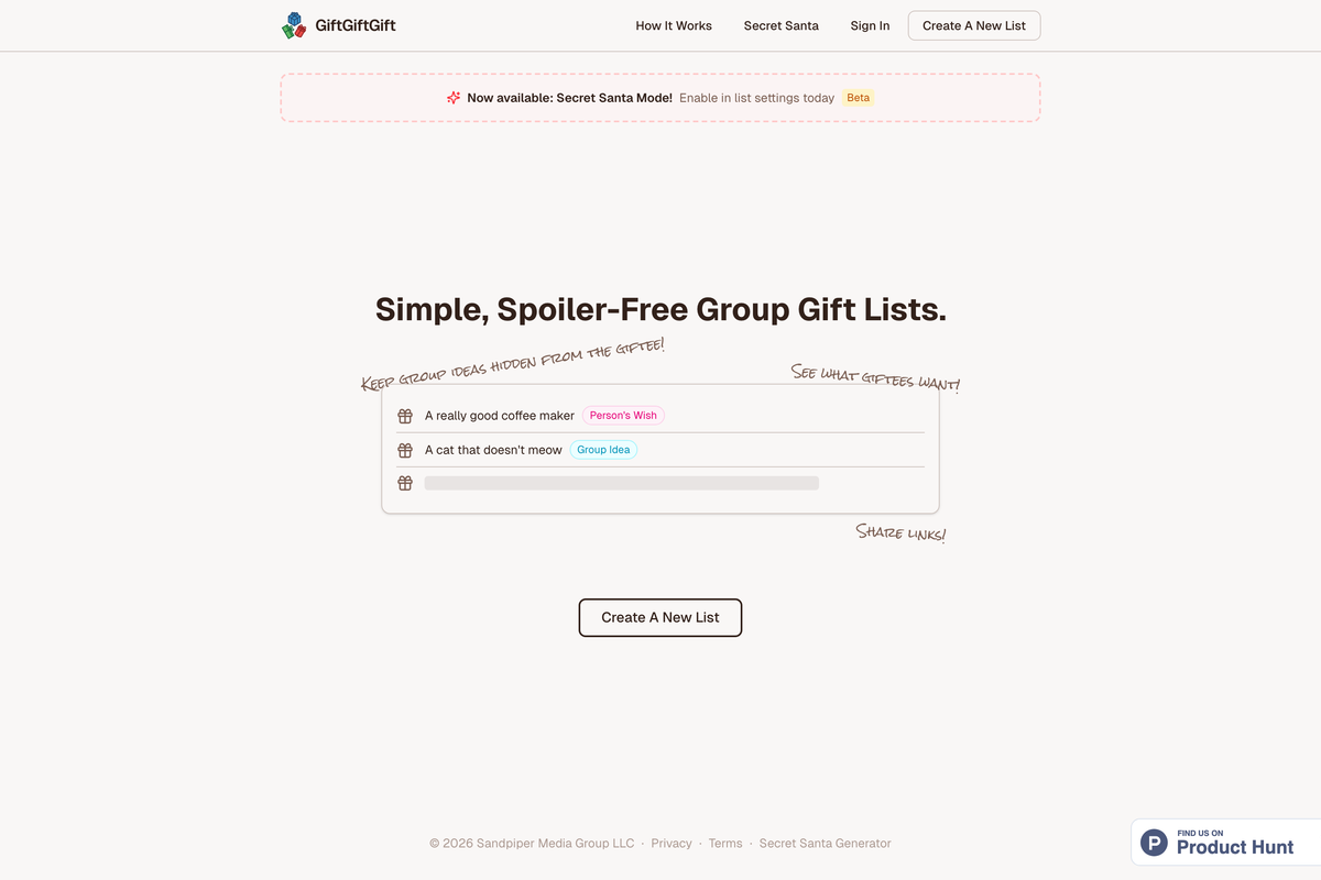 GiftGiftGift homepage: simple, spoiler-free group gift lists