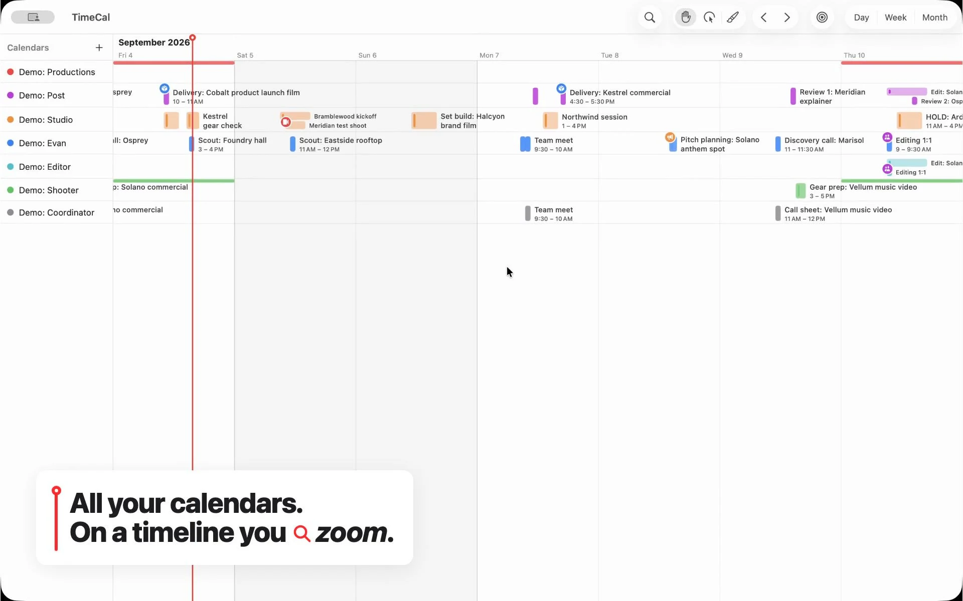 TimeCal's Mac app with separate calendar lanes, color-coded events, and a red playhead